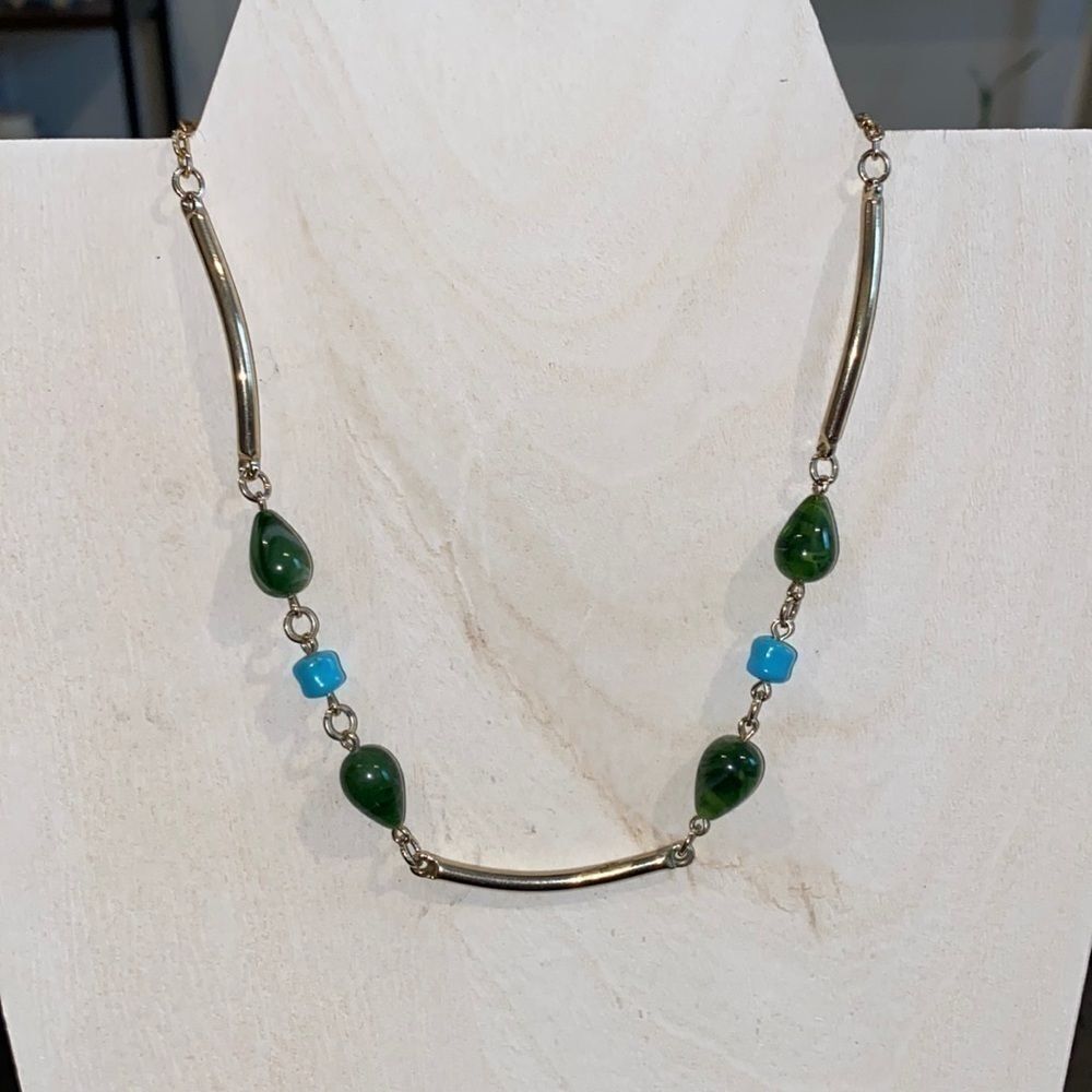 Sarah Coventry Gold Jade and Baby Blue Dainty Boho Necklace Western Casual‍‍﻿﻿﻿﻿